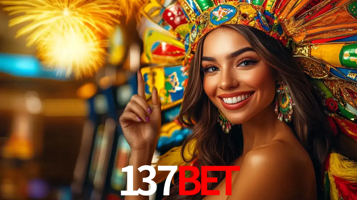 Mulher sorridente com um cocar de carnaval vibrante e colorido, celebrando uma grande vitória nos jogos do cassino 137bet com fogos de artifício ao fundo.