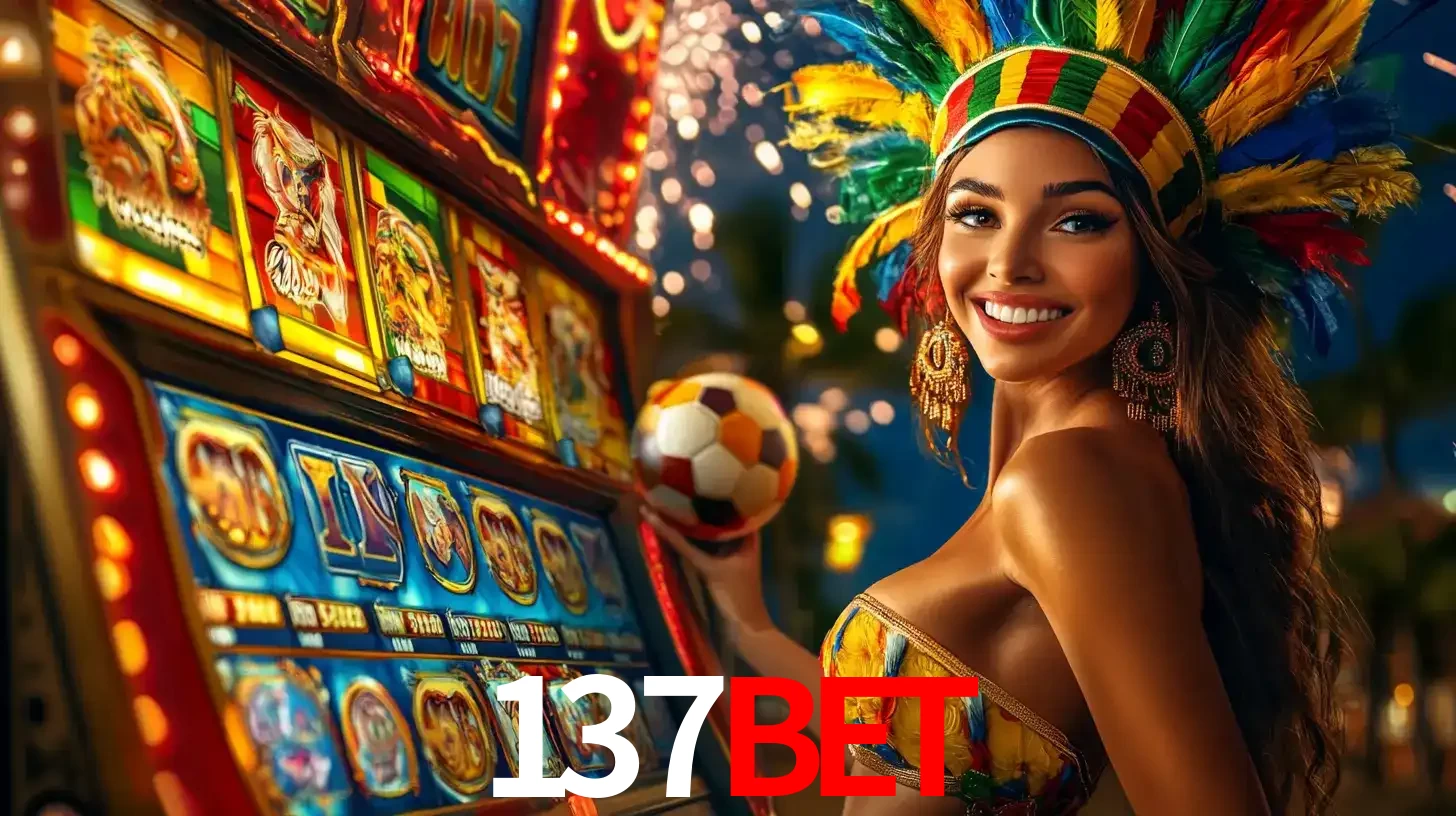 Mulher com um cocar de carnaval ao lado de uma máquina de caça-níqueis enquanto segura uma bola de futebol, mostrando a união da diversão de cassino e esportes no 137bet.