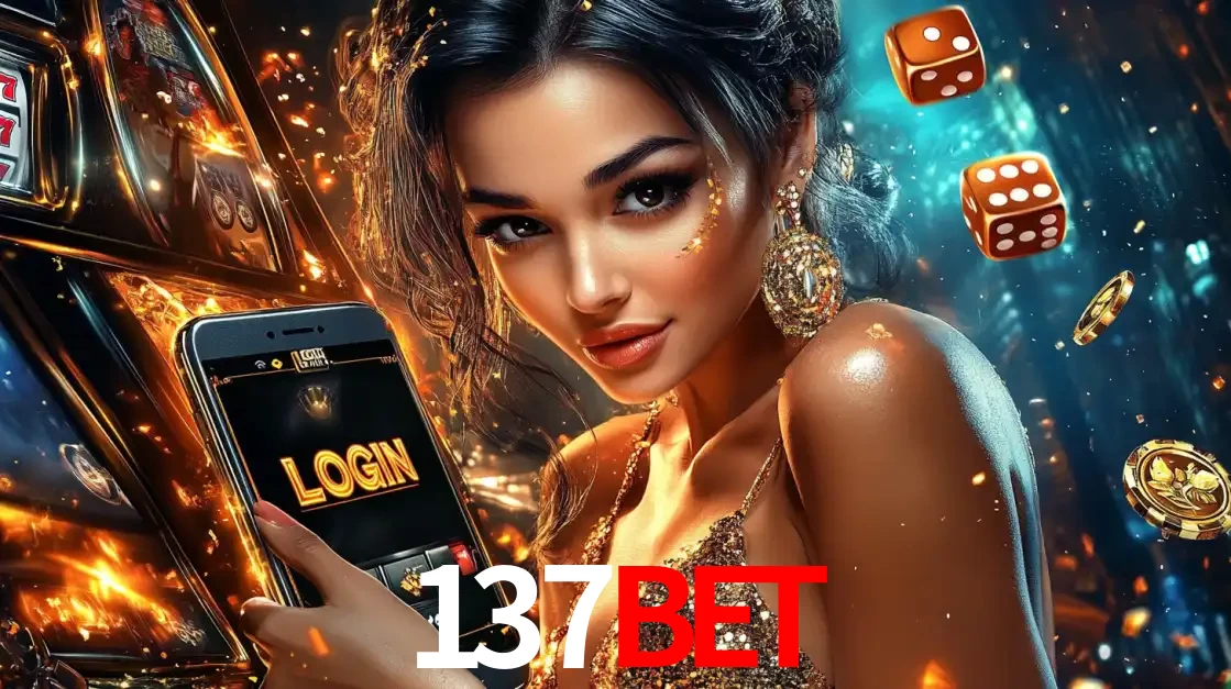 Mulher glamourosa segurando um celular com a tela de login do cassino 137bet, rodeada por dados e moedas douradas, pronta para começar a diversão.