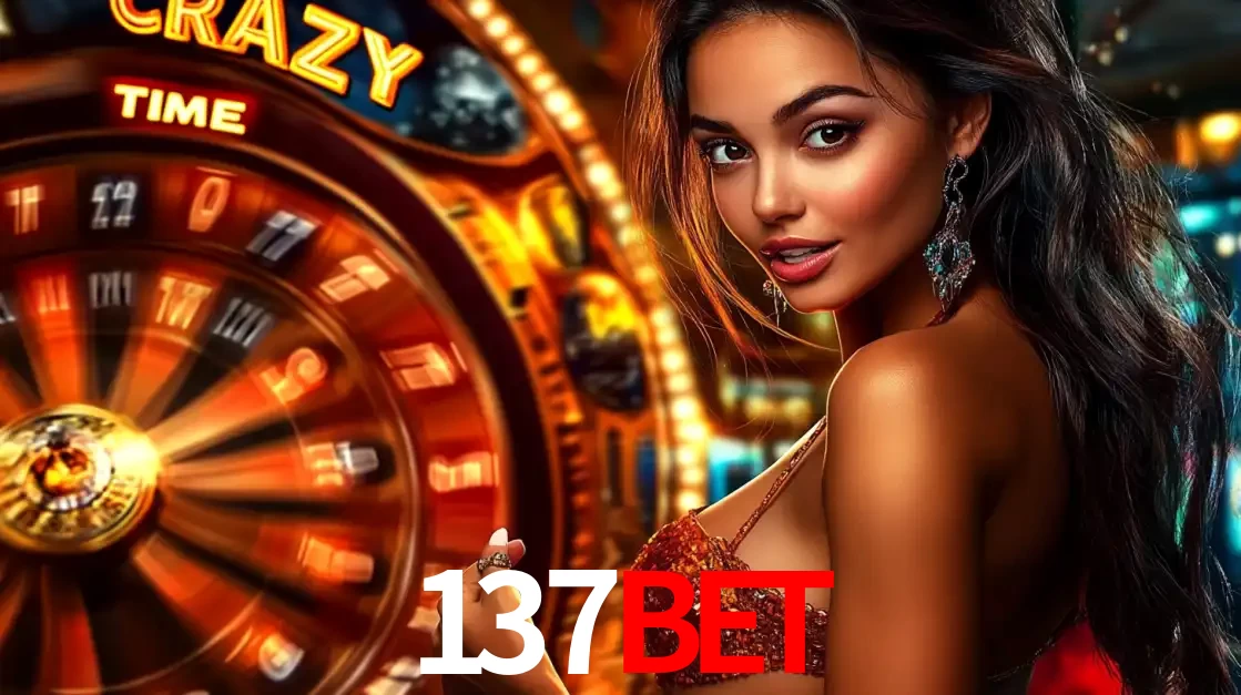 Mulher ao lado da roda de prêmios do jogo de cassino ao vivo Crazy Time, um dos shows de jogos mais emocionantes oferecidos pela plataforma de apostas 137bet.