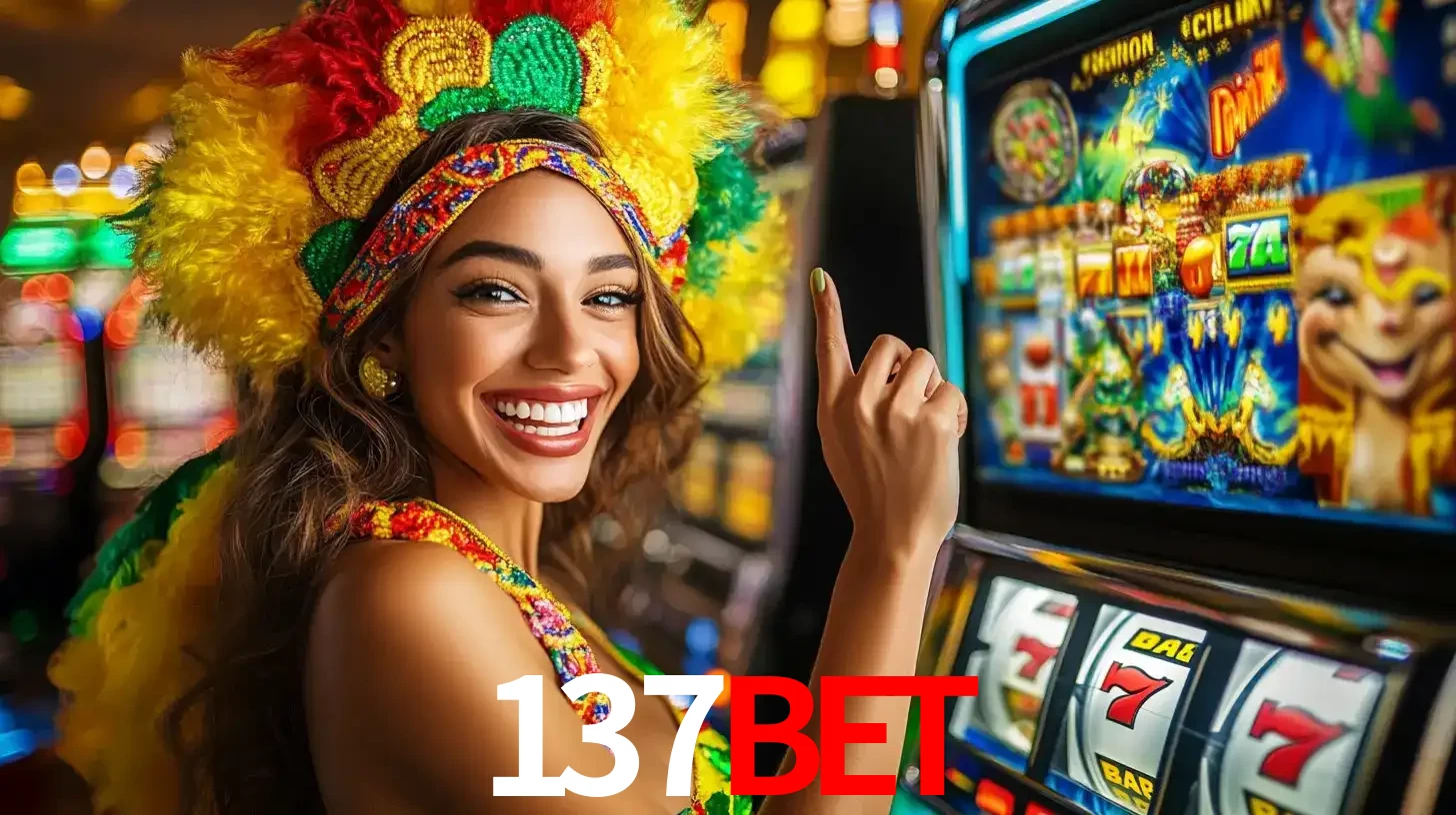 Mulher animada com um cocar de carnaval apontando para uma máquina de caça-níqueis, mostrando a emoção de ganhar um grande prêmio nos jogos do 137bet.