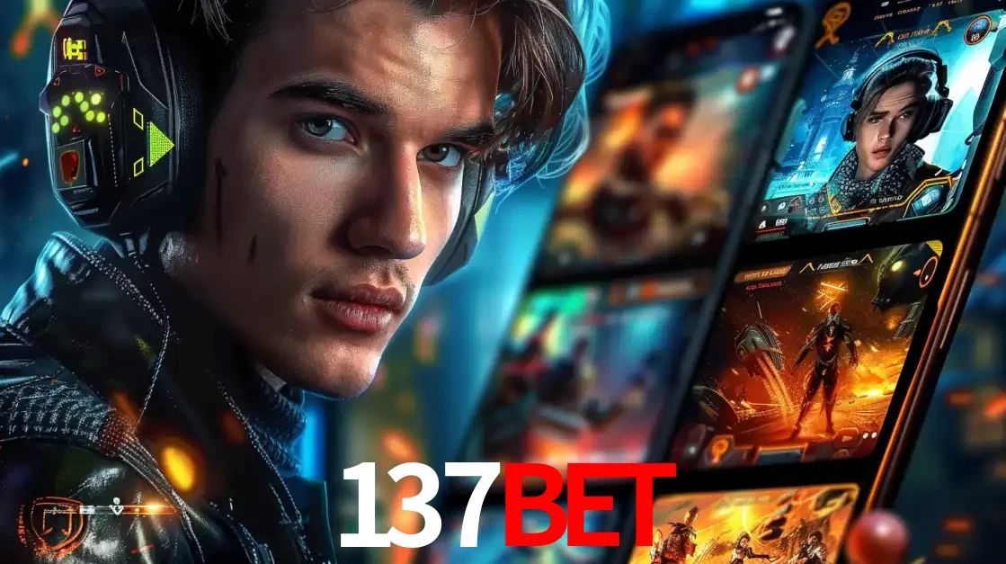 Jovem jogador com fones de ouvido olhando para a câmera, com um aplicativo de jogos e e-sports para celular ao fundo, pronto para a competição e apostas no 137bet.