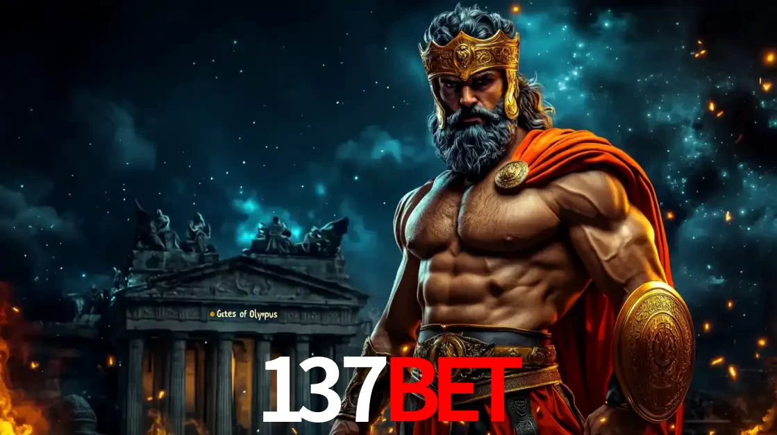 O poderoso Zeus do jogo de slot Gates of Olympus em frente ao seu templo, pronto para lançar multiplicadores divinos e prêmios épicos no cassino online 137bet.