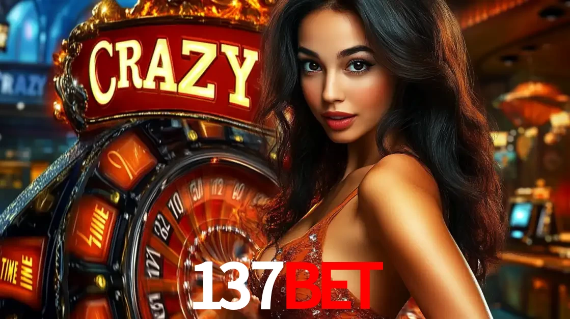 Mulher glamourosa olhando para a câmera com a roda vermelha do Crazy Time ao fundo em um ambiente de cassino, destacando a emoção dos jogos ao vivo no 137bet.