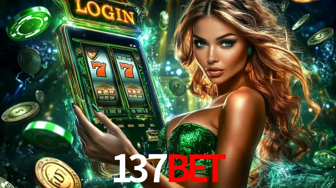 Mulher com tema verde apresentando o aplicativo do cassino 137bet com um jogo de slot de 777, cercada por fichas de cassino e uma aura de sorte.