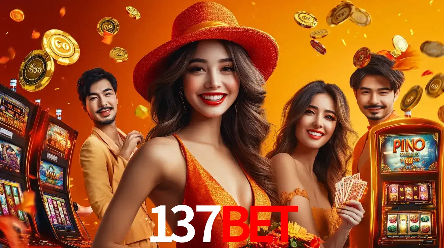 Grupo de amigos asiáticos sorrindo e se divertindo com máquinas de caça-níqueis em um ambiente festivo, celebrando suas vitórias nos jogos de cassino do 137bet.