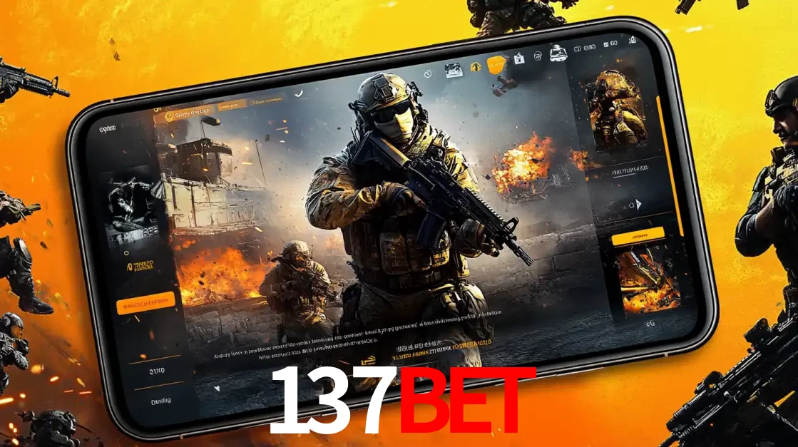 Um smartphone exibindo a interface de um jogo de tiro em primeira pessoa, com um soldado em um cenário de batalha, representando a ação dos e-sports para apostar no 137bet.