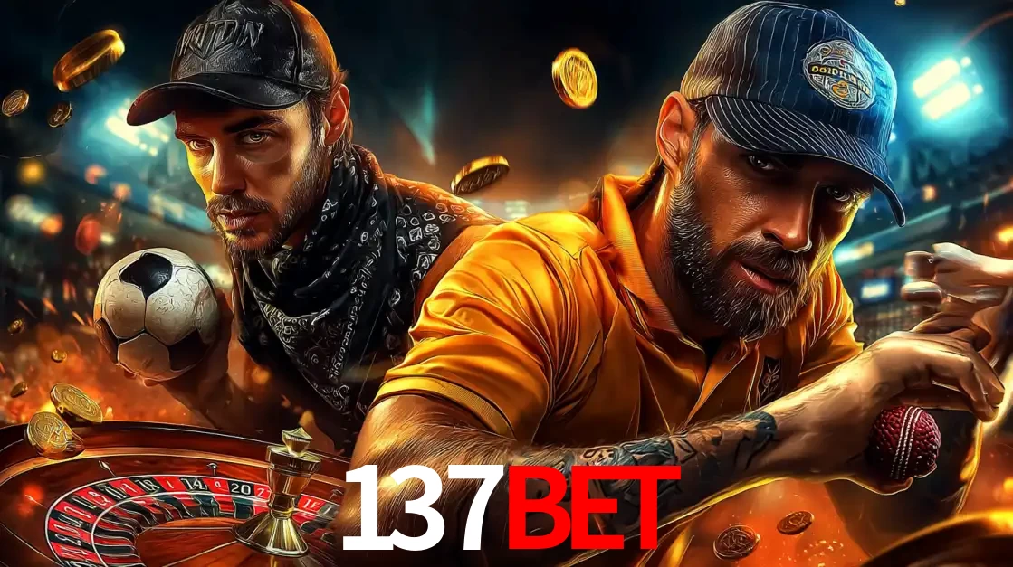 Montagem de apostas esportivas e cassino no 137bet, com um homem segurando uma bola de futebol e outro uma de beisebol sobre uma roleta e moedas voadoras.