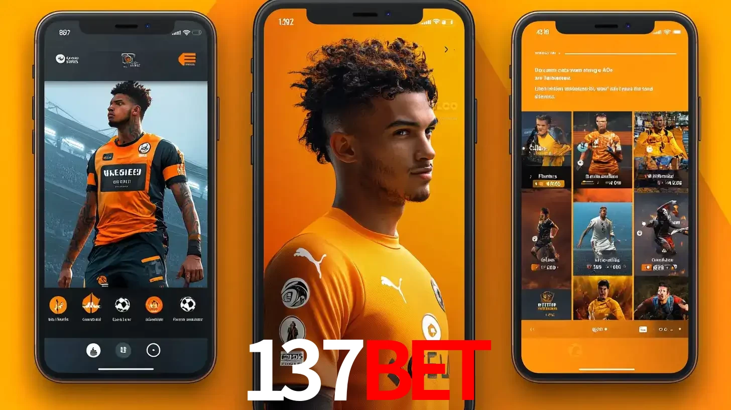Interface do aplicativo de apostas esportivas 137bet em três telas de celular, mostrando o perfil de um jogador de futebol e a lista de jogos disponíveis para apostar.
