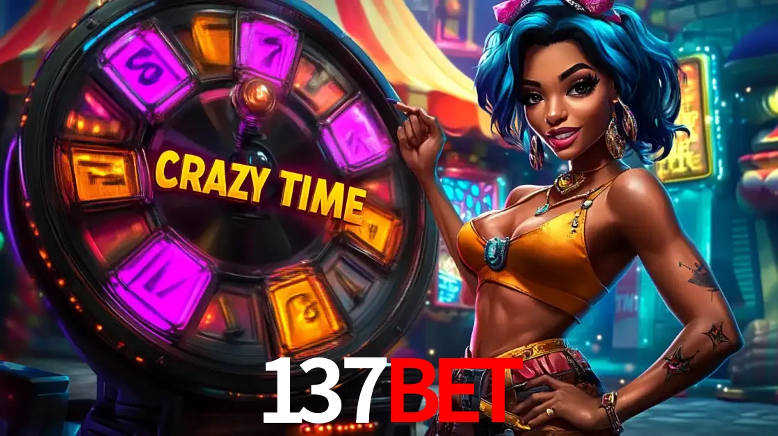 Mulher estilizada com cabelo azul e visual vibrante posando ao lado da roda de prêmios do game show Crazy Time, convidando para a diversão e os bônus do cassino 137bet.