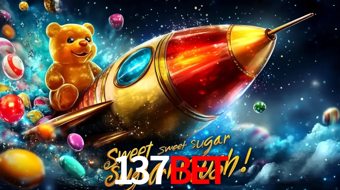 Arte promocional do jogo de slot Sugar Rush, com um urso de pelúcia em um foguete viajando pelo espaço de doces, um dos jogos divertidos disponíveis no cassino 137bet.