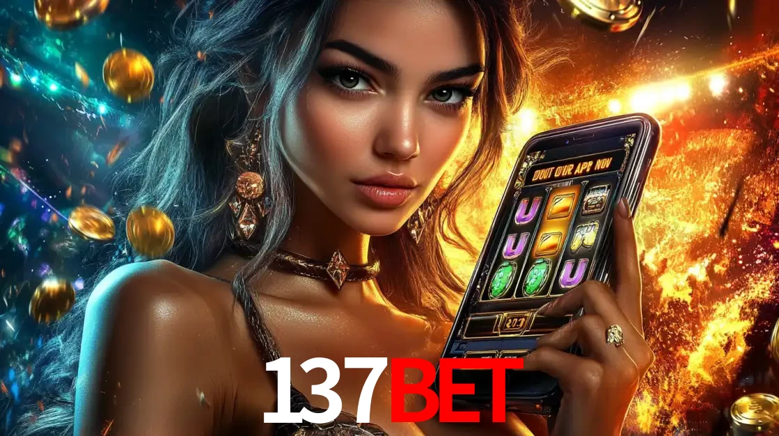 Mulher elegante mostrando um jogo de caça-níqueis em seu smartphone, destacando a experiência de cassino móvel oferecida pelo aplicativo 137bet.