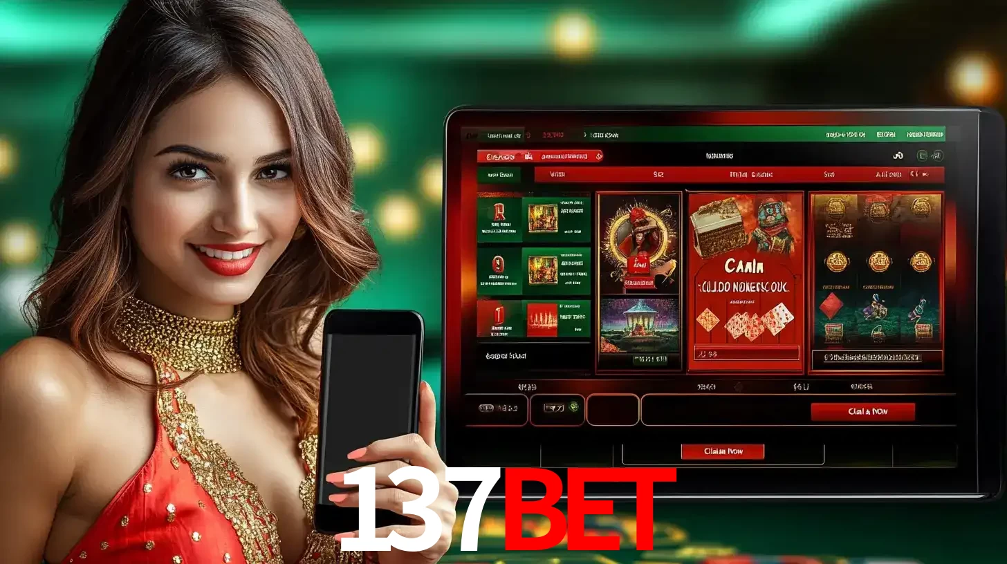 Mulher sorridente segurando um smartphone, ao lado de uma tela exibindo o lobby de jogos do cassino online 137bet, com várias opções de jogos de cartas e slots.